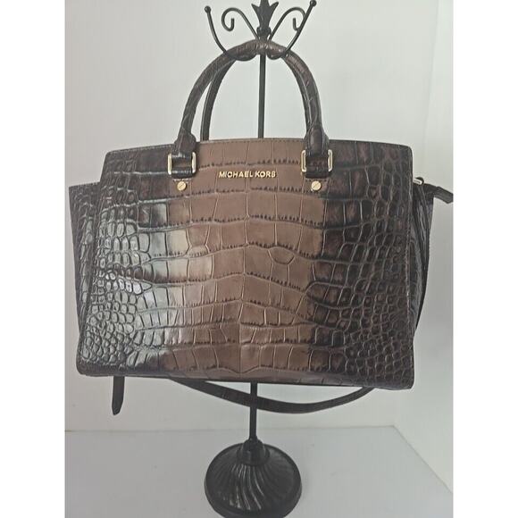 Michael Kors Selma Brown Croc Stamped Leather Satchel Large Pre- Owned - Picture 2 of 9